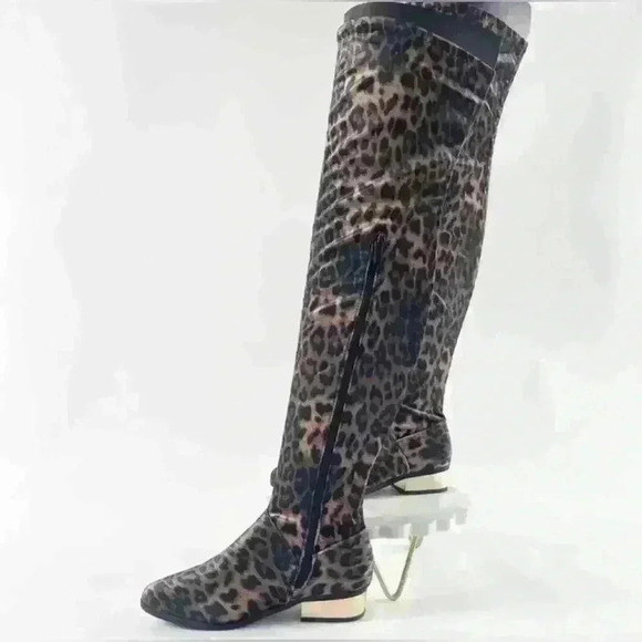 Size 7.5 NWT NIB Bamboo LEOPARD Print velvet Stardom OTK boot gold heel - Picture 2 of 5